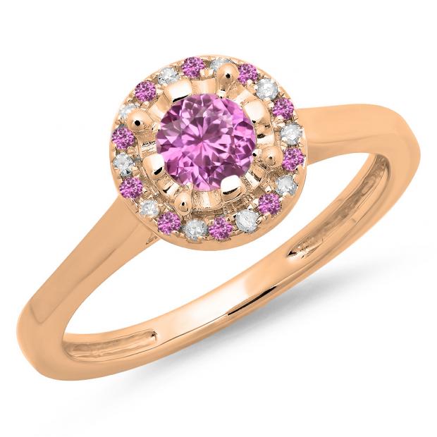 0.50 Carat (ctw) 18K Rose Gold Round Pink Sapphire & White Diamond Ladies Bridal Halo Style Engagement Ring 1/2 CT