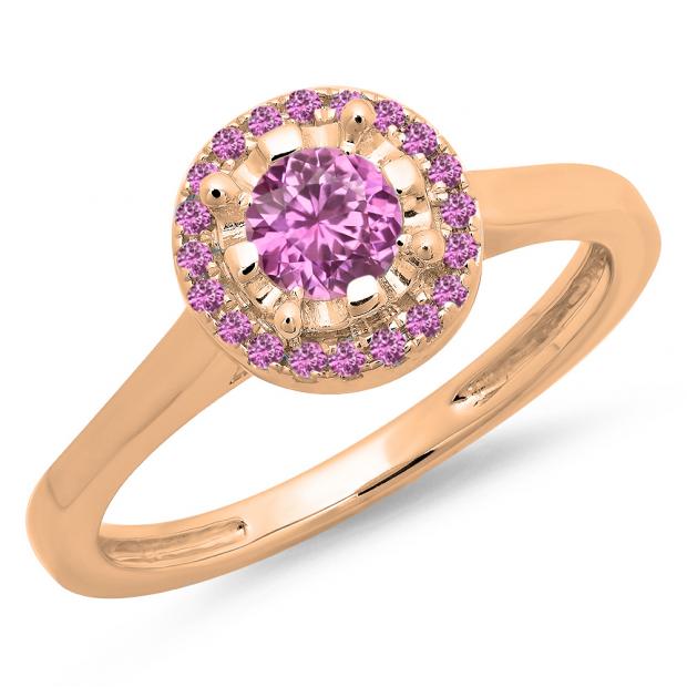 0.50 Carat (ctw) 14K Rose Gold Round Pink Sapphire Ladies Bridal Halo Style Engagement Ring 1/2 CT