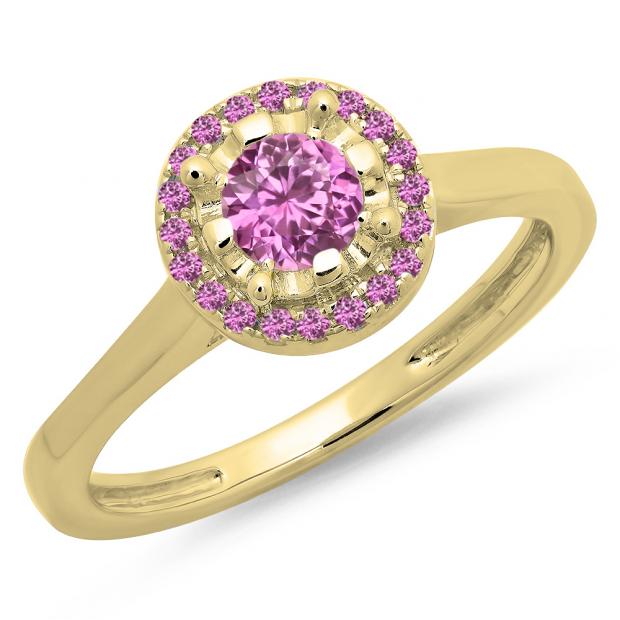 0.50 Carat (ctw) 18K Yellow Gold Round Pink Sapphire Ladies Bridal Halo Style Engagement Ring 1/2 CT