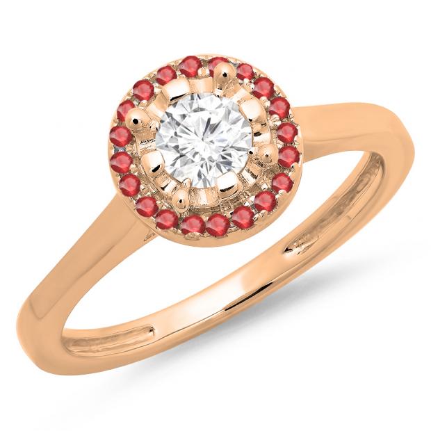 0.50 Carat (ctw) 10K Rose Gold Round Ruby & White Diamond Ladies Bridal Halo Style Engagement Ring 1/2 CT