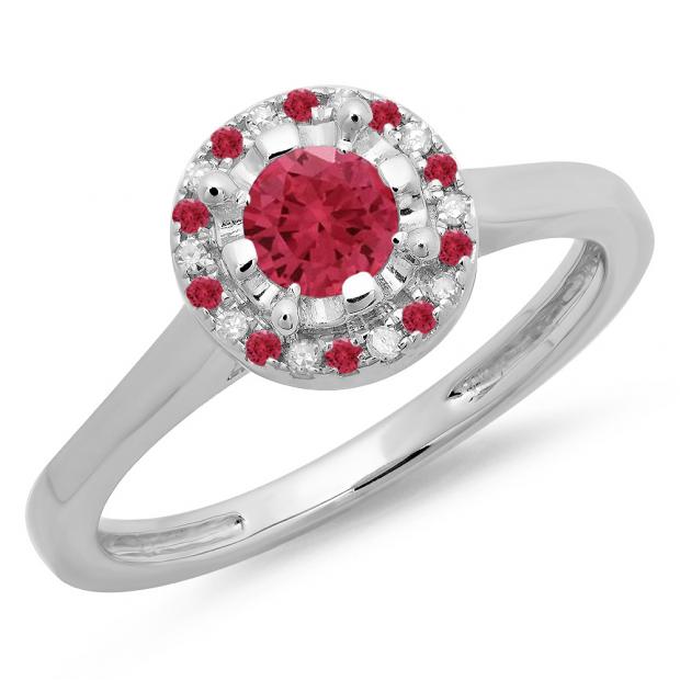 0.50 Carat (ctw) 10K White Gold Round Ruby & White Diamond Ladies Bridal Halo Style Engagement Ring 1/2 CT