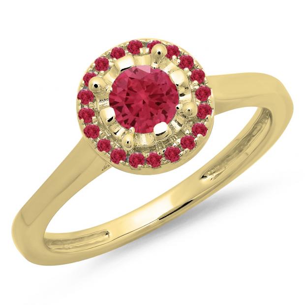 0.50 Carat (ctw) 14K Yellow Gold Round Ruby Ladies Bridal Halo Style Engagement Ring 1/2 CT