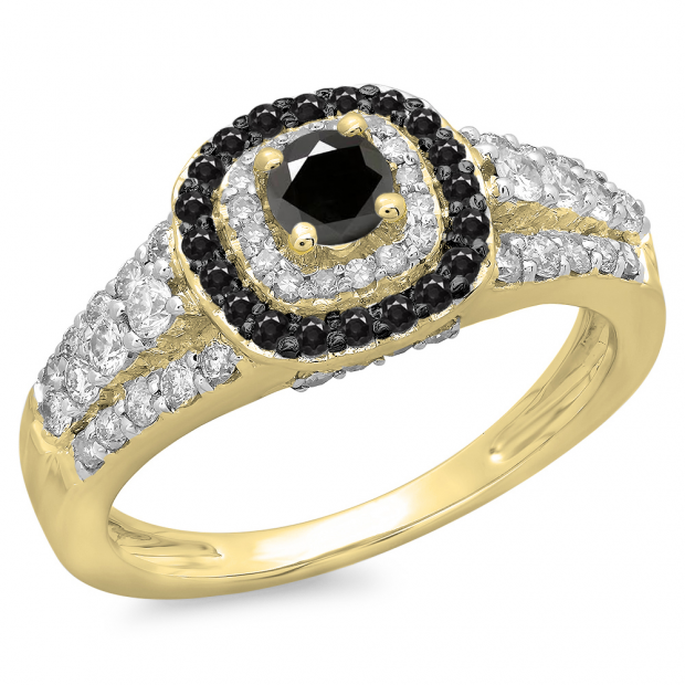 1.00 Carat (ctw) 18K Yellow Gold Round Cut Black & White Diamond Ladies Vintage Style Bridal Halo Engagement Ring 1 CT