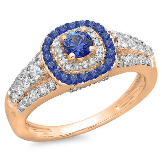1.00 Carat (ctw) 18K Rose Gold Round Cut Blue Sapphire & White Diamond Ladies Vintage Style Bridal Halo Engagement Ring 1 CT