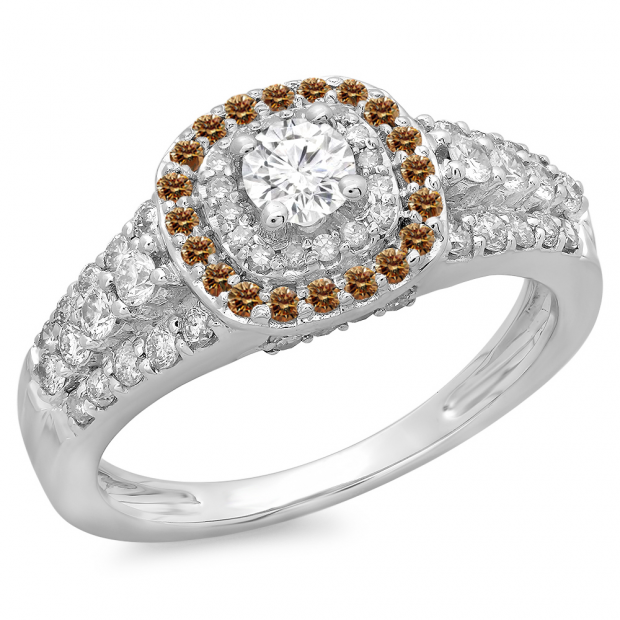 1.00 Carat (ctw) 14K White Gold Round Cut Champagne & White Diamond Ladies Vintage Style Bridal Halo Engagement Ring 1 CT