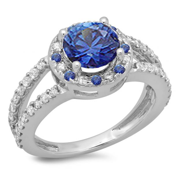 2.33 Carat (ctw) 14K White Gold Round Blue Sapphire & White Diamond Ladies Bridal Split Shank Halo Style Engagement Ring