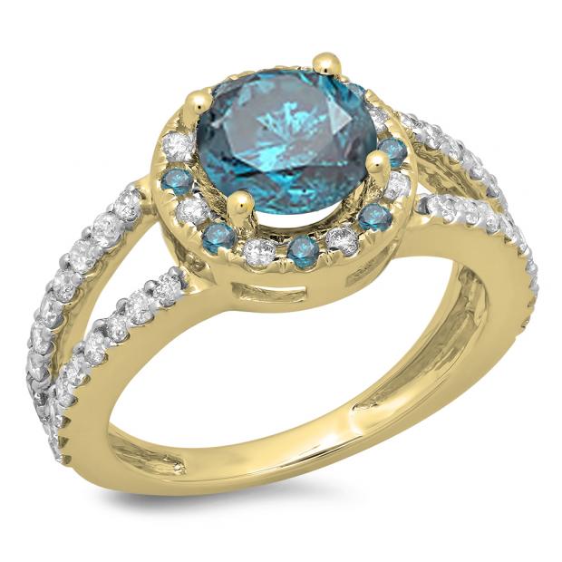 2.33 Carat (ctw) 10K Yellow Gold Round Blue & White Diamond Ladies Bridal Split Shank Halo Style Engagement Ring