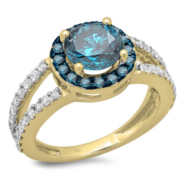 2.33 Carat (ctw) 10K Yellow Gold Round Blue & White Diamond Ladies Bridal Split Shank Halo Style Engagement Ring