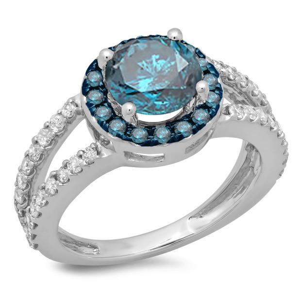 2.33 Carat (ctw) 18K White Gold Round Blue & White Diamond Ladies Bridal Split Shank Halo Style Engagement Ring