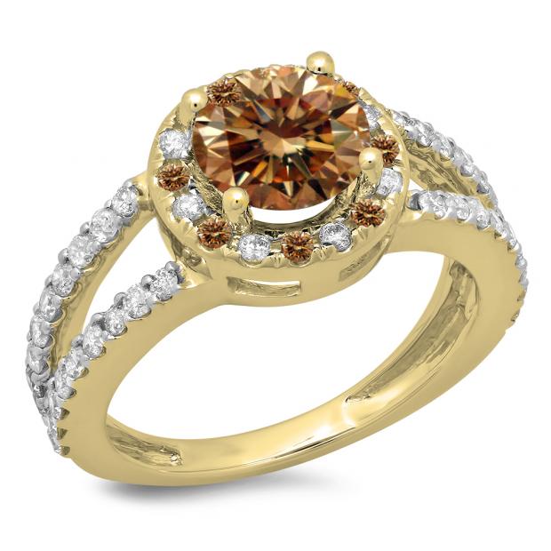 2.33 Carat (ctw) 14K Yellow Gold Round Champagne & White Diamond Ladies Bridal Split Shank Halo Style Engagement Ring