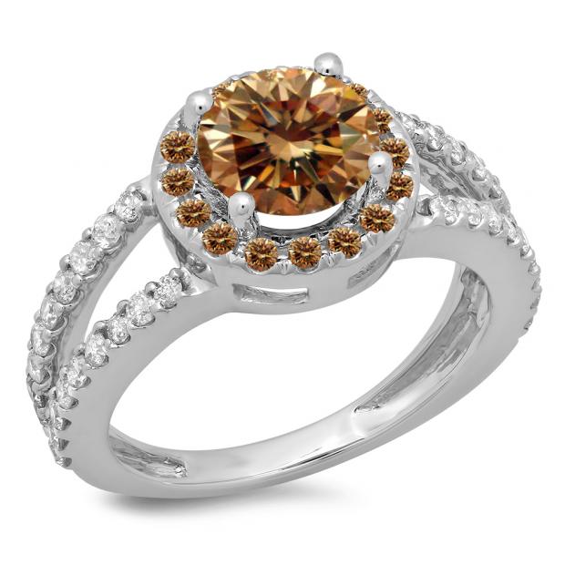 2.33 Carat (ctw) 10K White Gold Round Champagne & White Diamond Ladies Bridal Split Shank Halo Style Engagement Ring