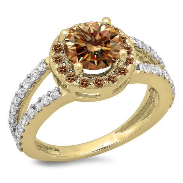 2.33 Carat (ctw) 18K Yellow Gold Round Champagne & White Diamond Ladies Bridal Split Shank Halo Style Engagement Ring