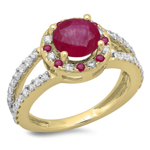 2.33 Carat (ctw) 14K Yellow Gold Round Ruby & White Diamond Ladies Bridal Split Shank Halo Style Engagement Ring