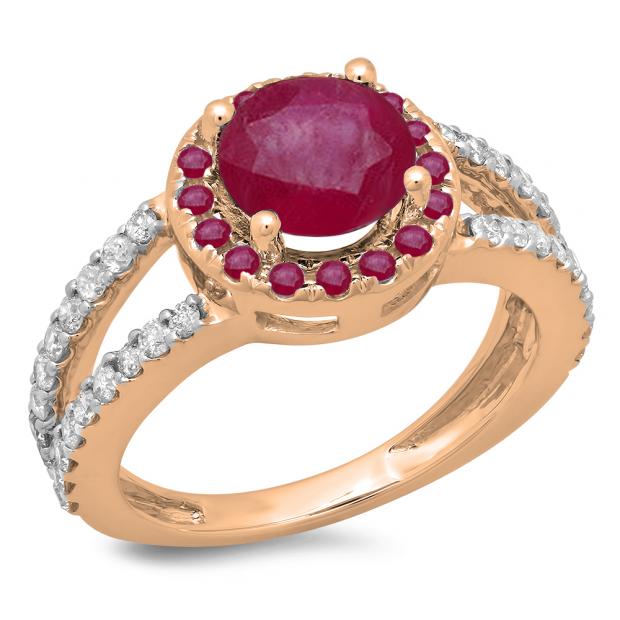 2.33 Carat (ctw) 18K Rose Gold Round Ruby & White Diamond Ladies Bridal Split Shank Halo Style Engagement Ring