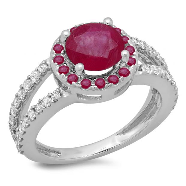 2.33 Carat (ctw) 18K White Gold Round Ruby & White Diamond Ladies Bridal Split Shank Halo Style Engagement Ring