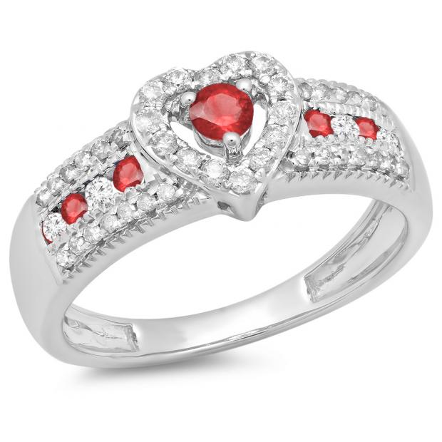 White Gold Dazzlingrock Collection 18K Round Ruby And White Diamond Ladies Bridal Promise Heart Split Shank Engagement Ring