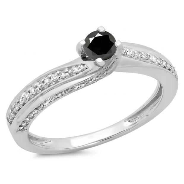 0.50 Carat (ctw) 10K White Gold Round Black & White Diamond Ladies Swirl Promise Solitaire With Accents Engagement Ring 1/2 CT