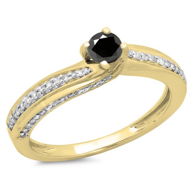 0.50 Carat (ctw) 10K Yellow Gold Round Black & White Diamond Ladies Swirl Promise Solitaire With Accents Engagement Ring 1/2 CT