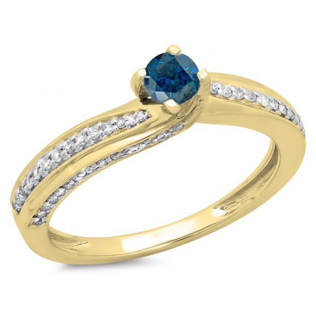 0.50 Carat (ctw) 18K Yellow Gold Round Blue & White Diamond Ladies Swirl Promise Solitaire With Accents Engagement Ring 1/2 CT