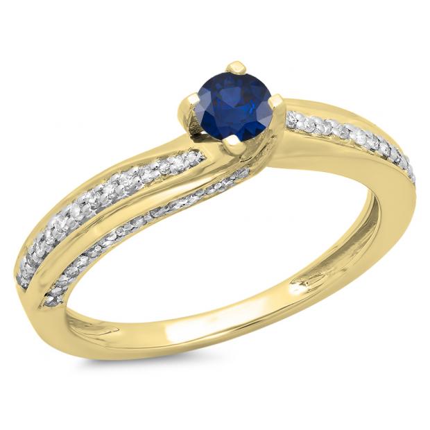 0.50 Carat (ctw) 14K Yellow Gold Round Blue Sapphire & White Diamond Ladies Swirl Promise Solitaire With Accents Engagement Ring 1/2 CT