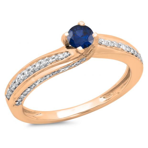 0.50 Carat (ctw) 18K Rose Gold Round Blue Sapphire & White Diamond Ladies Swirl Promise Solitaire With Accents Engagement Ring 1/2 CT