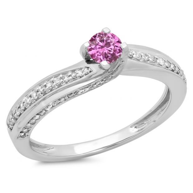 0.50 Carat (ctw) 14K White Gold Round Pink Sapphire & White Diamond Ladies Swirl Promise Solitaire With Accents Engagement Ring 1/2 CT