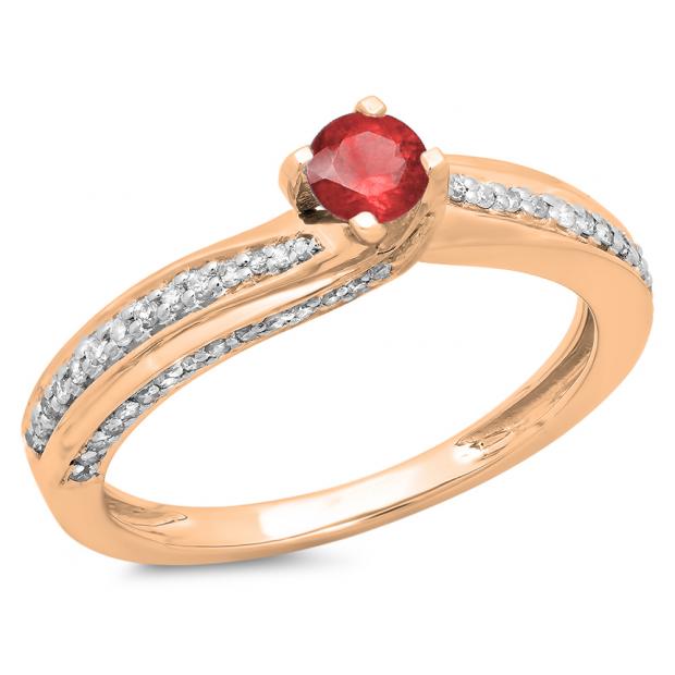 0.50 Carat (ctw) 10K Rose Gold Round Ruby & White Diamond Ladies Swirl Promise Solitaire With Accents Engagement Ring 1/2 CT