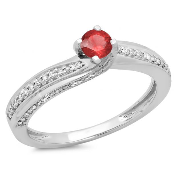 0.50 Carat (ctw) 10K White Gold Round Ruby & White Diamond Ladies Swirl Promise Solitaire With Accents Engagement Ring 1/2 CT