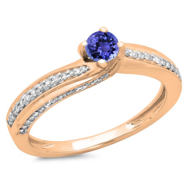 0.50 Carat (ctw) 10K Rose Gold Round Tanzanite & White Diamond Ladies Swirl Promise Solitaire With Accents Engagement Ring 1/2 CT