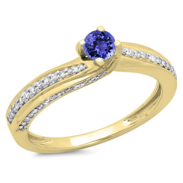 0.50 Carat (ctw) 14K Yellow Gold Round Tanzanite & White Diamond Ladies Swirl Promise Solitaire With Accents Engagement Ring 1/2 CT
