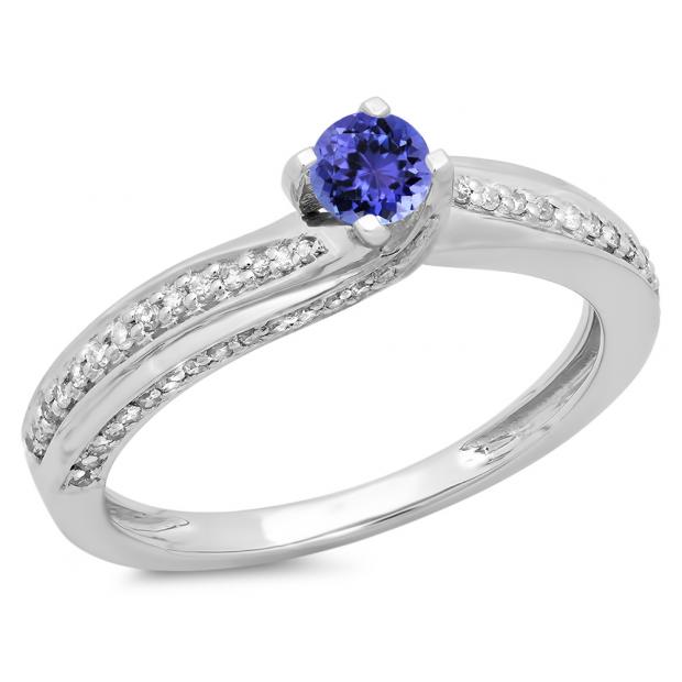 0.50 Carat (ctw) 18K White Gold Round Tanzanite & White Diamond Ladies Swirl Promise Solitaire With Accents Engagement Ring 1/2 CT