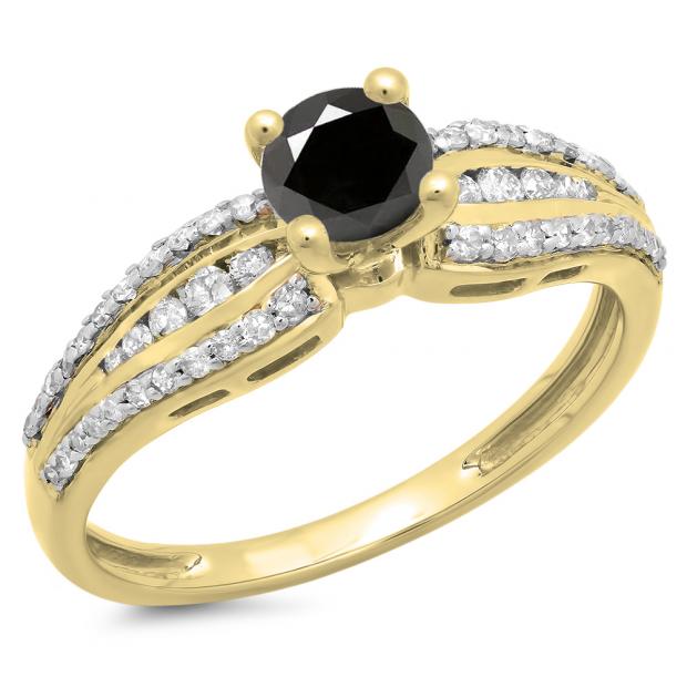 0.75 Carat (ctw) 14K Yellow Gold Round Black & White Diamond Ladies Solitaire With Accents Bridal Engagement Ring 3/4 CT