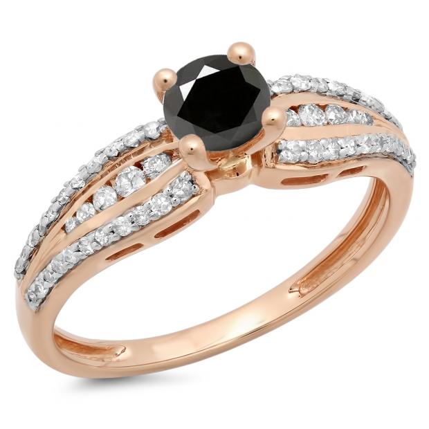 0.75 Carat (ctw) 18K Rose Gold Round Black & White Diamond Ladies Solitaire With Accents Bridal Engagement Ring 3/4 CT