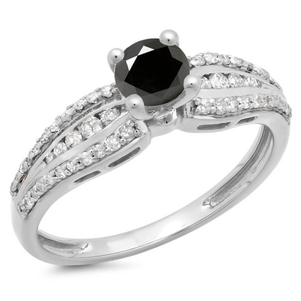 0.75 Carat (ctw) 18K White Gold Round Black & White Diamond Ladies Solitaire With Accents Bridal Engagement Ring 3/4 CT