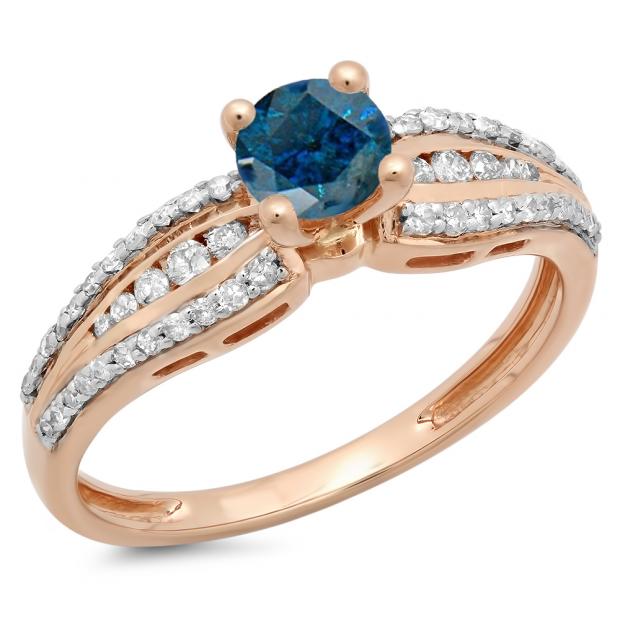 0.75 Carat (ctw) 10K Rose Gold Round Blue & White Diamond Ladies Solitaire With Accents Bridal Engagement Ring 3/4 CT