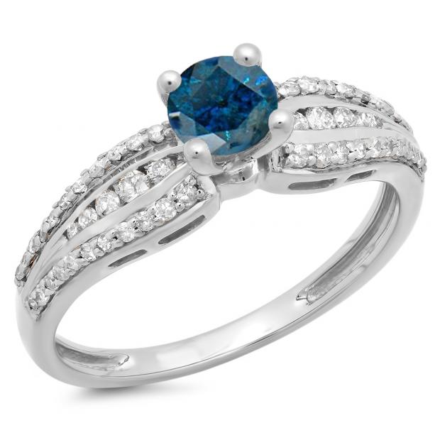 0.75 Carat (ctw) 10K White Gold Round Blue & White Diamond Ladies Solitaire With Accents Bridal Engagement Ring 3/4 CT