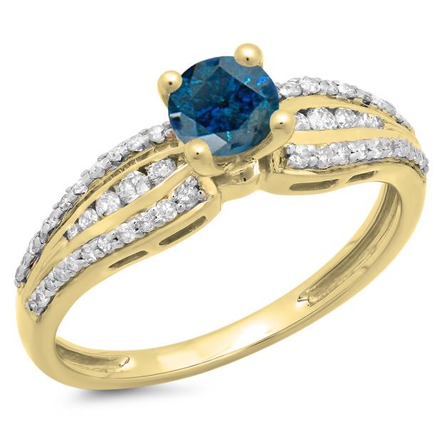 0.75 Carat (ctw) 14K Yellow Gold Round Blue & White Diamond Ladies Solitaire With Accents Bridal Engagement Ring 3/4 CT