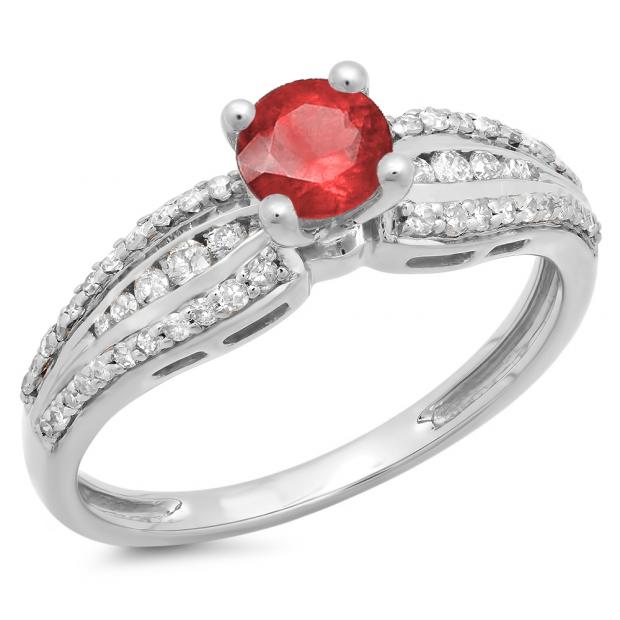0.75 Carat (ctw) 10K White Gold Round Ruby & White Diamond Ladies Solitaire With Accents Bridal Engagement Ring 3/4 CT