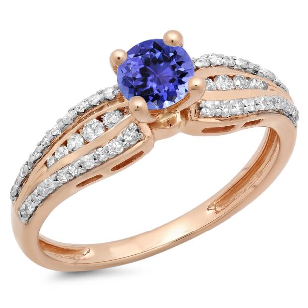 0.75 Carat (ctw) 18K Rose Gold Round Tanzanite & White Diamond Ladies Solitaire With Accents Bridal Engagement Ring 3/4 CT