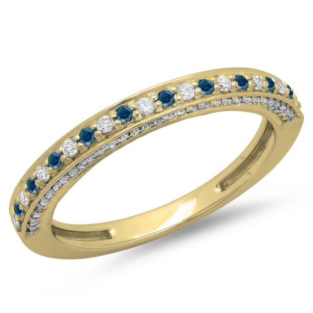 0.40 Carat (ctw) 10K Yellow Gold Round Cut Blue & White Diamond Ladies Anniversary Wedding Band Stackable Ring