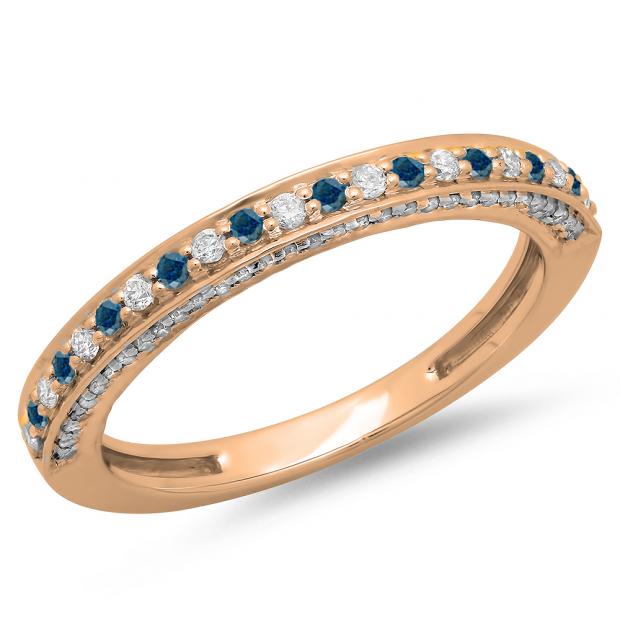 0.40 Carat (ctw) 18K Rose Gold Round Cut Blue & White Diamond Ladies Anniversary Wedding Band Stackable Ring