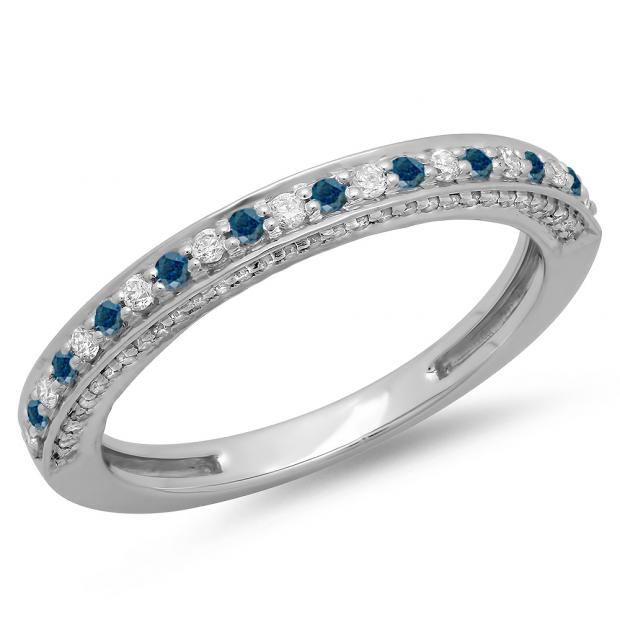 0.40 Carat (ctw) 18K White Gold Round Cut Blue & White Diamond Ladies Anniversary Wedding Band Stackable Ring
