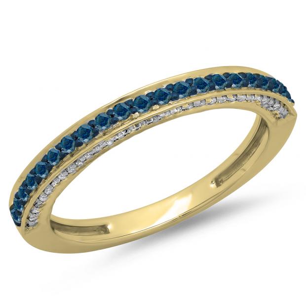 0.40 Carat (ctw) 18K Yellow Gold Round Cut Blue & White Diamond Ladies Anniversary Wedding Band Stackable Ring
