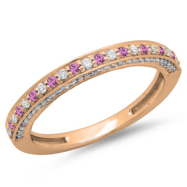 0.40 Carat (ctw) 14K Rose Gold Round Cut Pink Sapphire & White Diamond Ladies Anniversary Wedding Band Stackable Ring