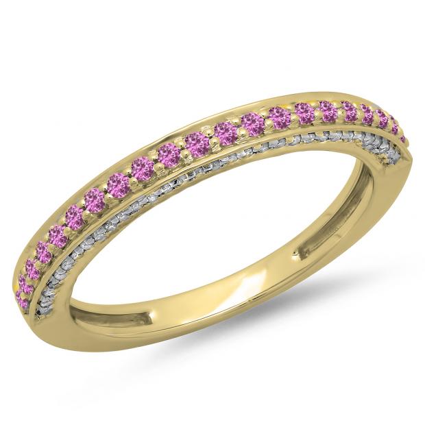 0.40 Carat (ctw) 14K Yellow Gold Round Cut Pink Sapphire & White Diamond Ladies Anniversary Wedding Band Stackable Ring