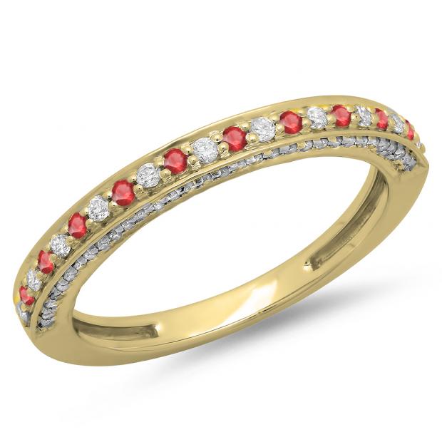 0.40 Carat (ctw) 10K Yellow Gold Round Cut Ruby & White Diamond Ladies Anniversary Wedding Band Stackable Ring