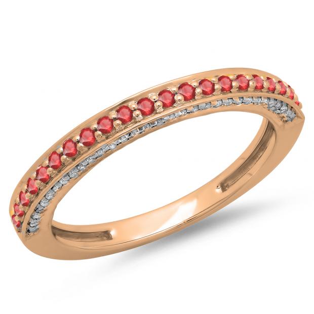 0.40 Carat (ctw) 10K Rose Gold Round Cut Ruby & White Diamond Ladies Anniversary Wedding Band Stackable Ring