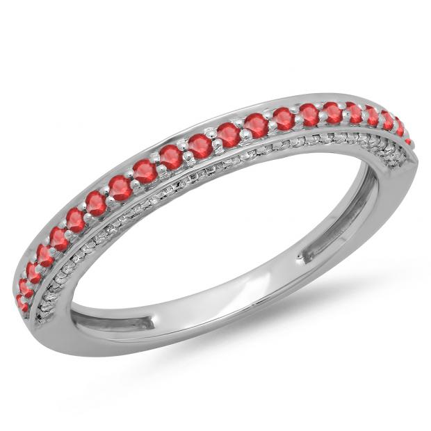 0.40 Carat (ctw) 18K White Gold Round Cut Ruby & White Diamond Ladies Anniversary Wedding Band Stackable Ring