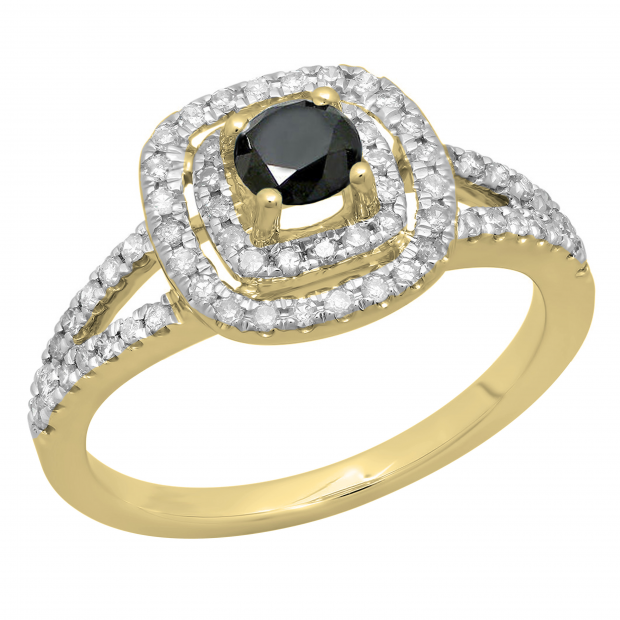 0.80 Carat (ctw) 14K Yellow Gold Round Black & White Diamond Ladies Split Shank Engagement Halo Bridal Ring 3/4 CT