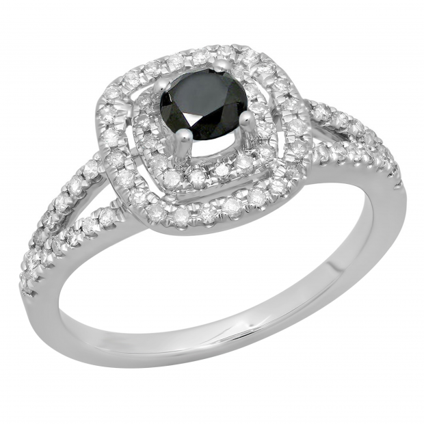 0.80 Carat (ctw) 18K White Gold Round Black & White Diamond Ladies Split Shank Engagement Halo Bridal Ring 3/4 CT